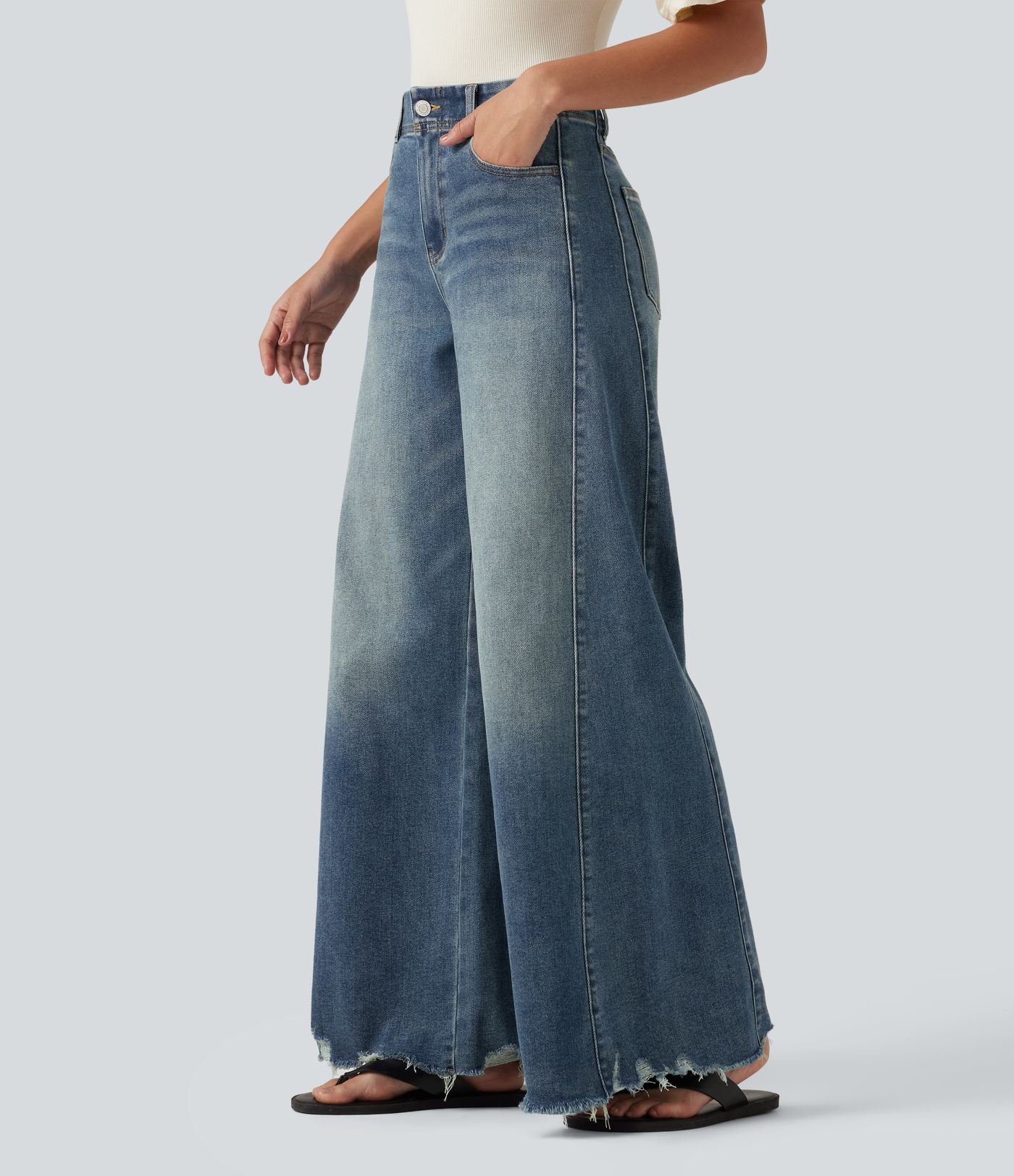 High Waisted Casual Cotton Flare Jeans with Pockets