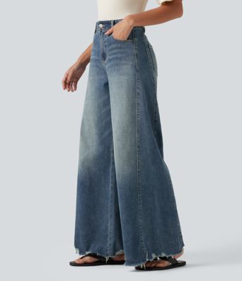 High Waisted Casual Cotton Flare Jeans with Pockets