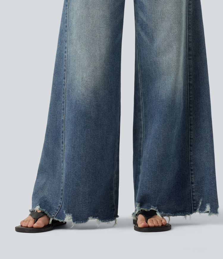 High Waisted Casual Cotton Flare Jeans with Pockets