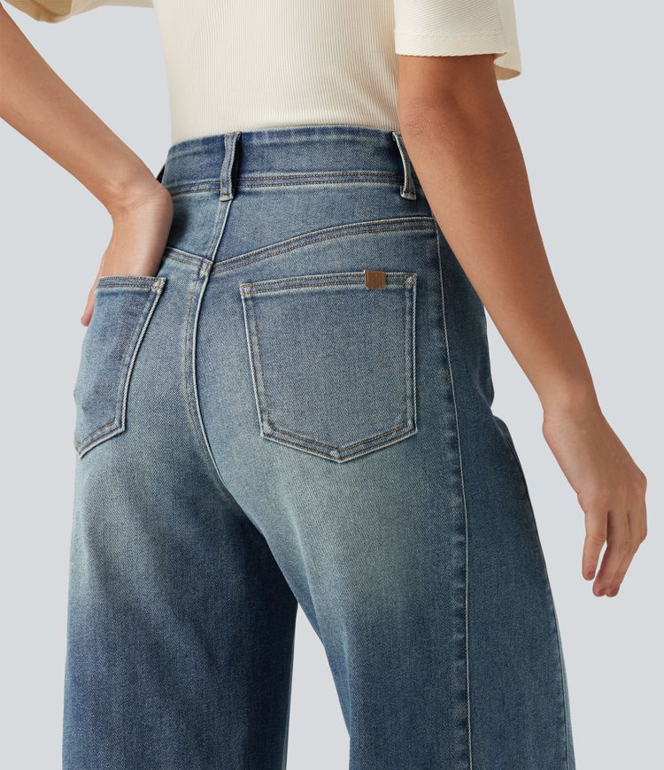 High Waisted Casual Cotton Flare Jeans with Pockets