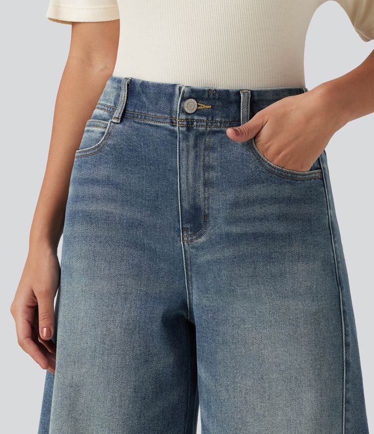 High Waisted Casual Cotton Flare Jeans with Pockets