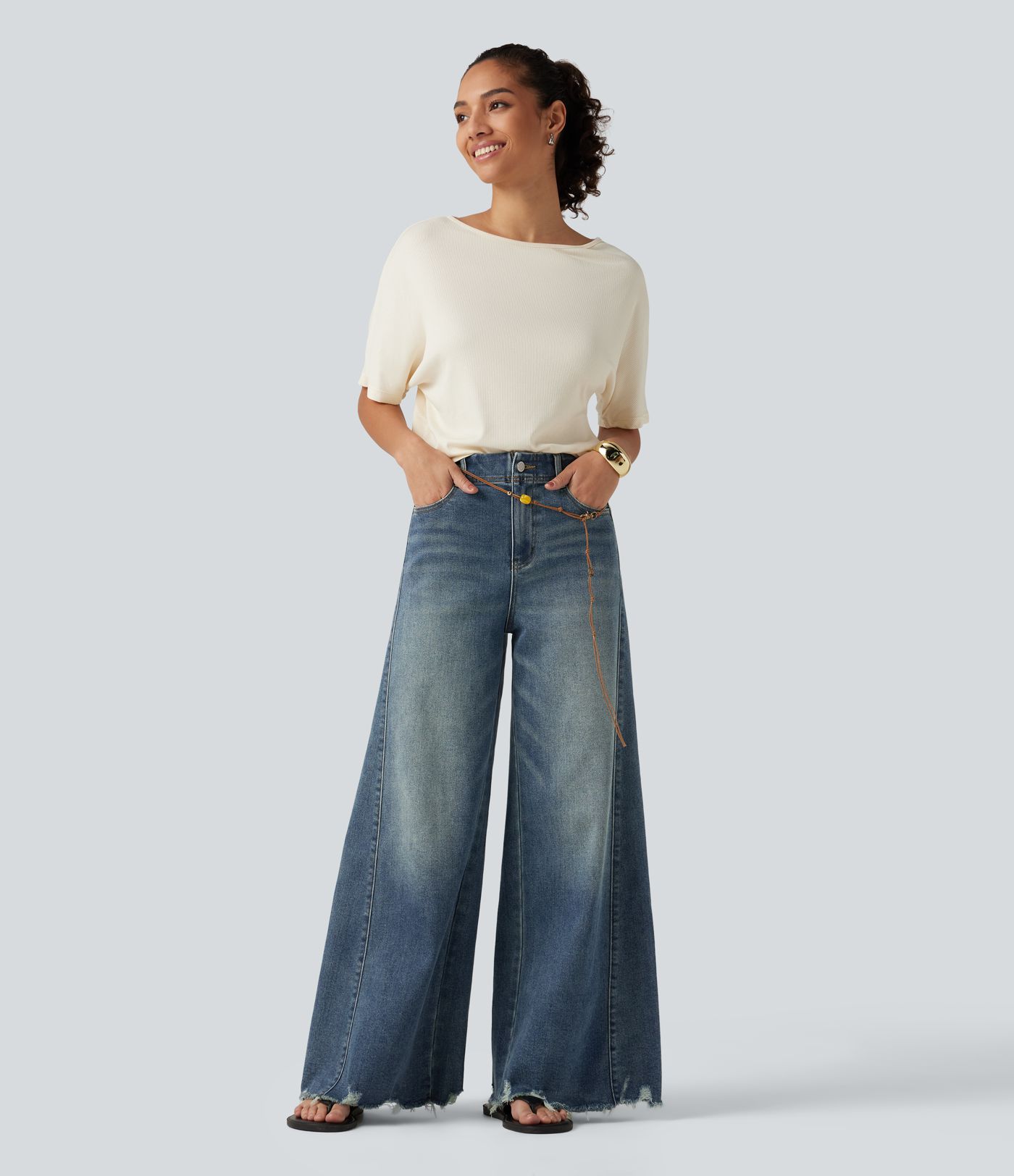 High Waisted Casual Cotton Flare Jeans with Pockets