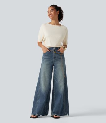 High Waisted Casual Cotton Flare Jeans with Pockets