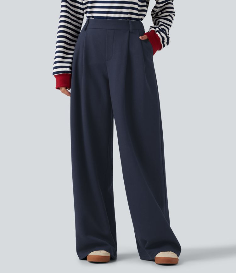 Mid Rise Wide Leg Casual Cotton Sweatpants with Pockets