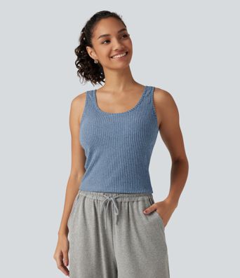 Ribbed Knit U Neck Built-in Bra Lounge Tank Top