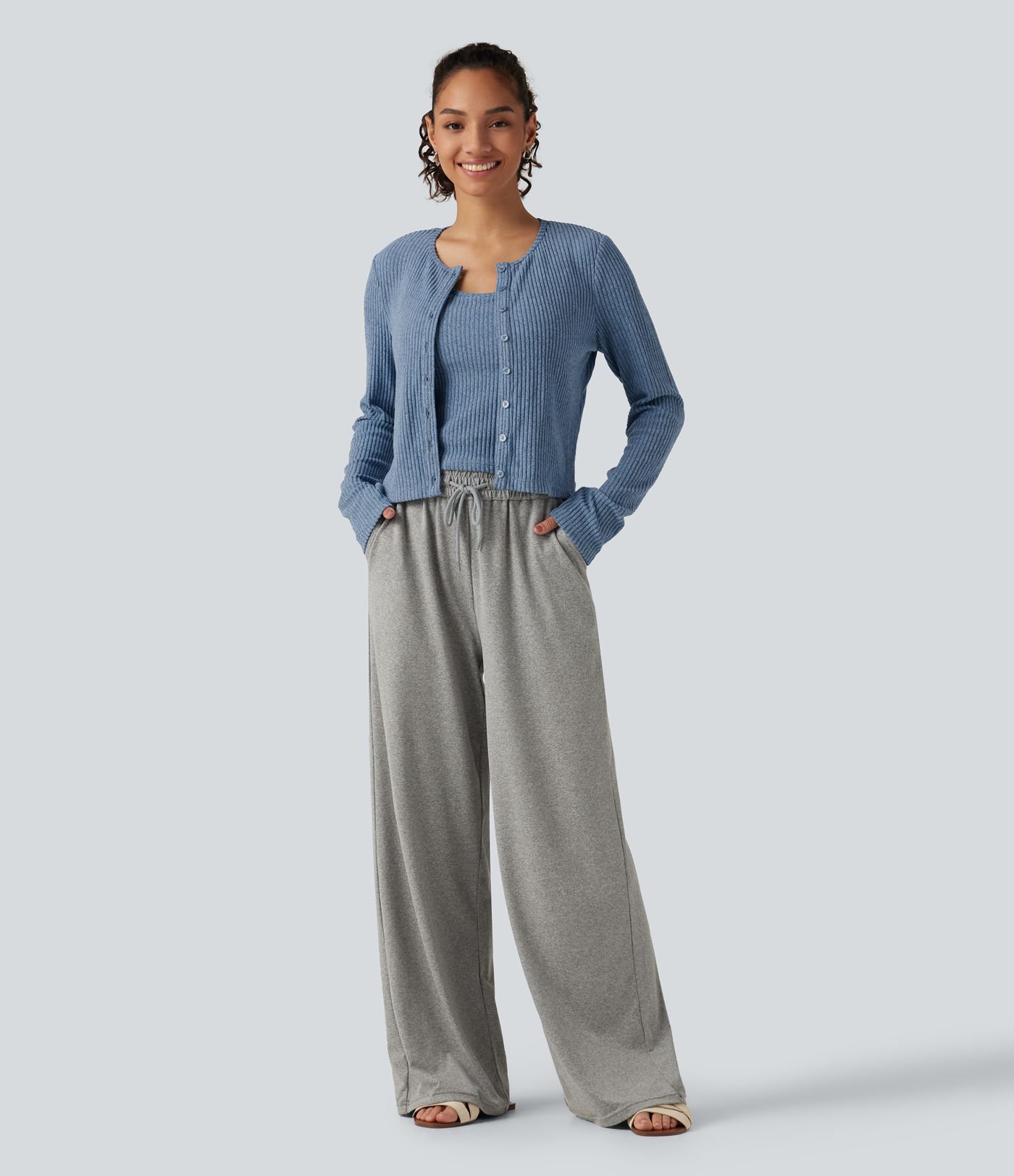 Ribbed Knit U Neck Built-in Bra Lounge Tank Top