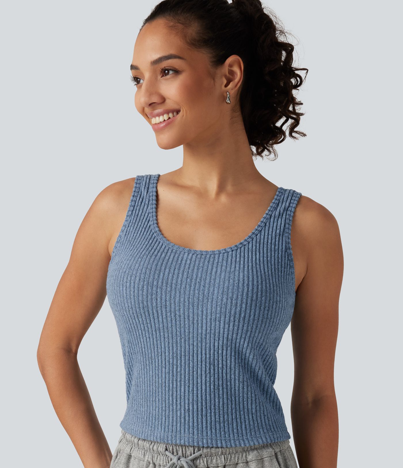 Ribbed Knit U Neck Built-in Bra Lounge Tank Top