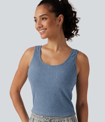 Ribbed Knit U Neck Built-in Bra Lounge Tank Top