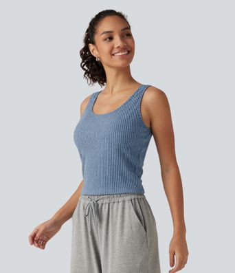 Ribbed Knit U Neck Built-in Bra Lounge Tank Top