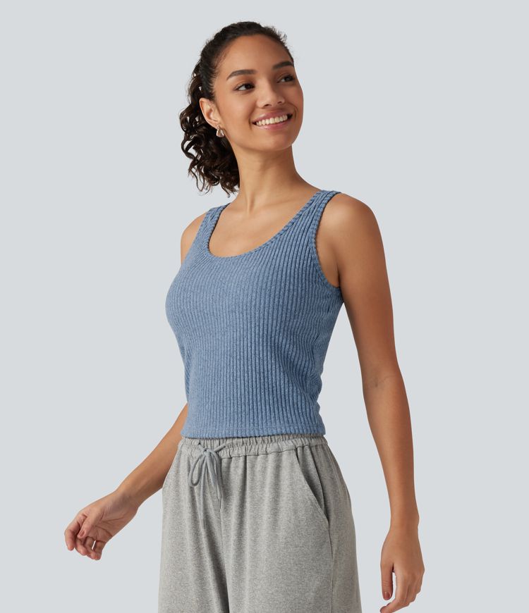 Ribbed Knit U Neck Built-in Bra Lounge Tank Top