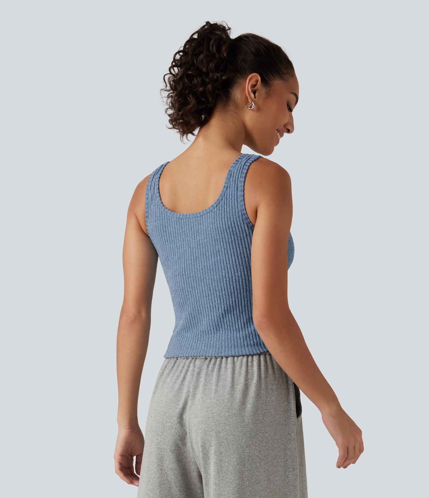 Ribbed Knit U Neck Built-in Bra Lounge Tank Top