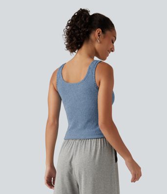 Ribbed Knit U Neck Built-in Bra Lounge Tank Top