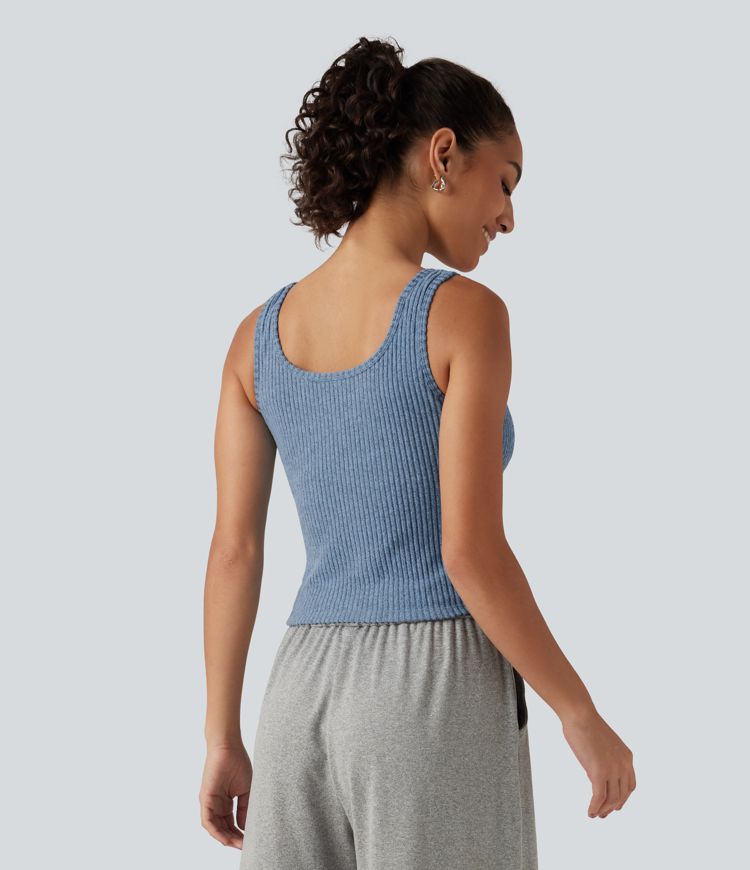 Ribbed Knit U Neck Built-in Bra Lounge Tank Top