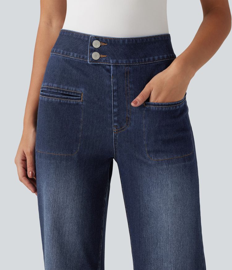 Halara Flex™ High Waisted Stretchy Knit Straight Leg Casual Jeans with Pockets Halara Flex™ High Waisted Stretchy Knit Straight Leg Casual Jeans with Pockets