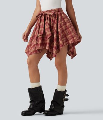 High Waisted Tie Front 2-in-1 Plaid Mini Casual Skirt with Pockets