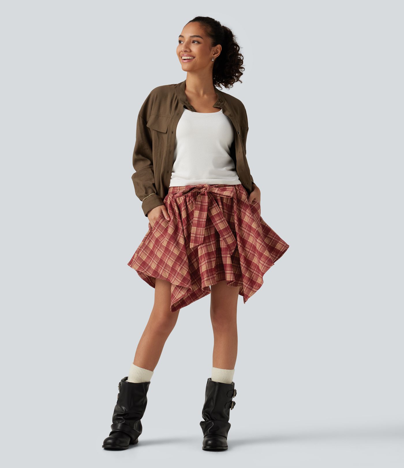 High Waisted Tie Front 2-in-1 Plaid Mini Casual Skirt with Pockets