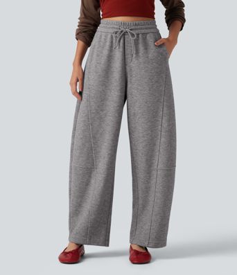 High Waisted Drawstring Barrel Leg Casual Pants with Pockets