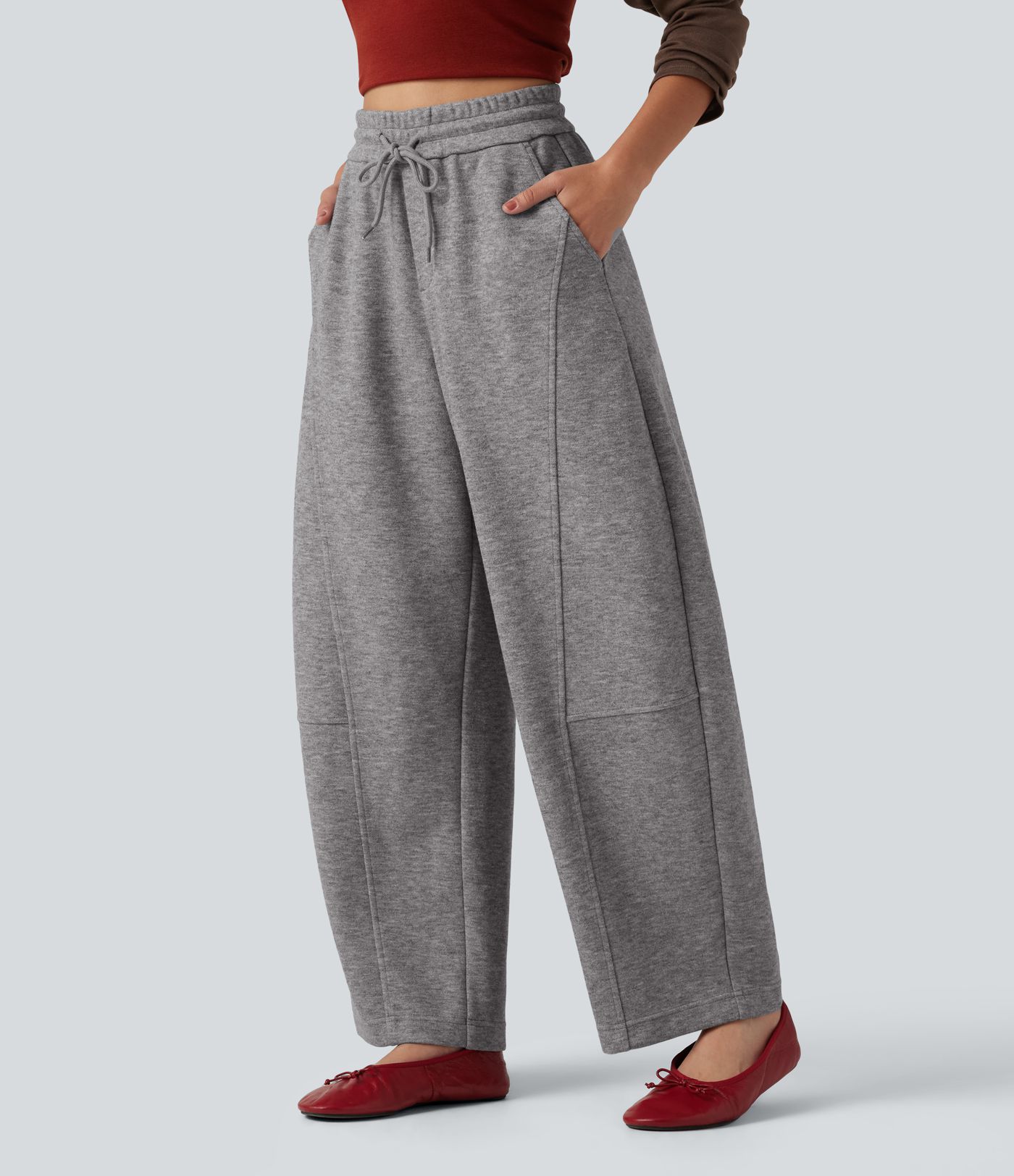 High Waisted Drawstring Barrel Leg Casual Pants with Pockets