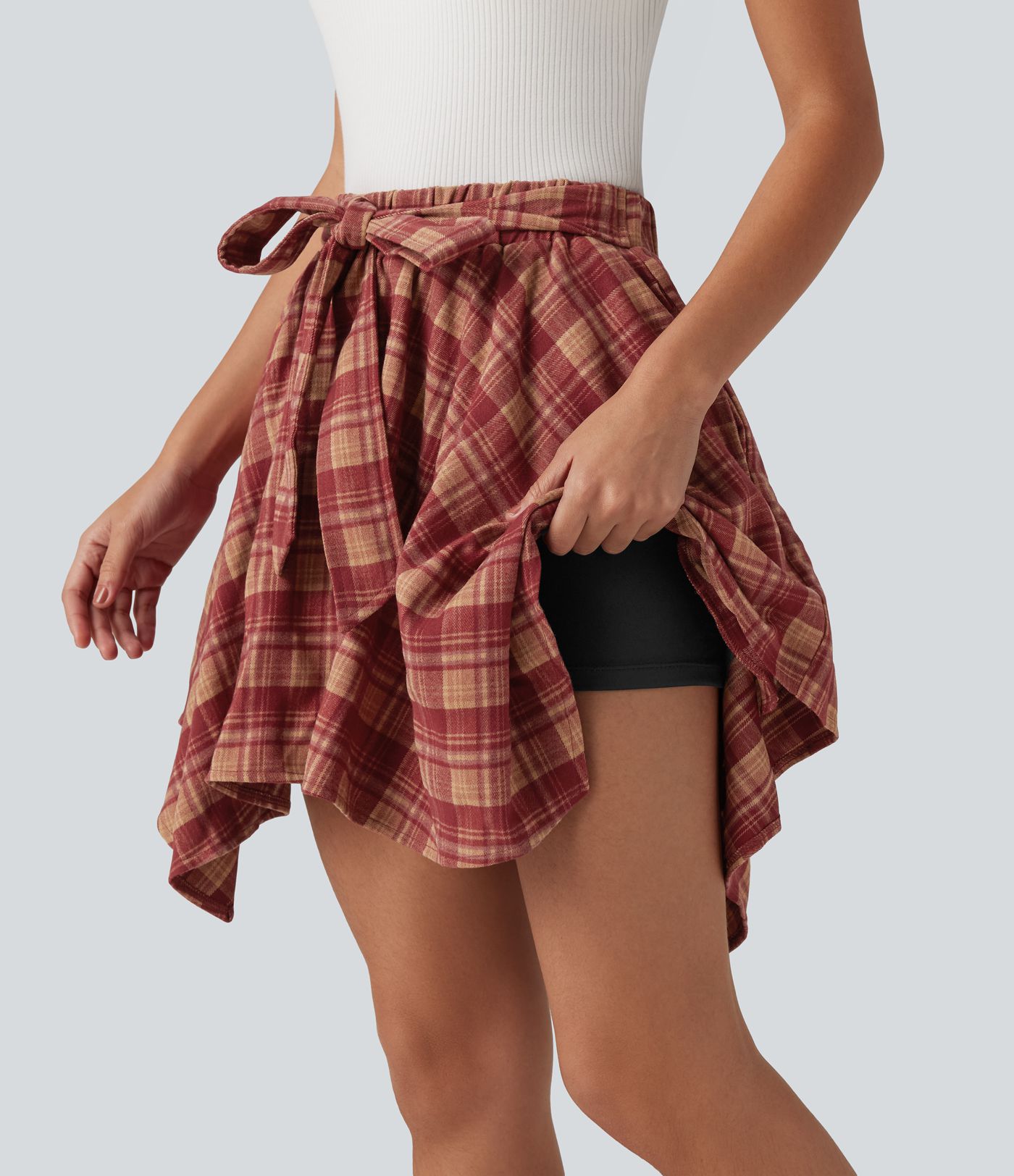 High Waisted Tie Front 2-in-1 Plaid Mini Casual Skirt with Pockets