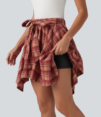 High Waisted Tie Front 2-in-1 Plaid Mini Casual Skirt with Pockets