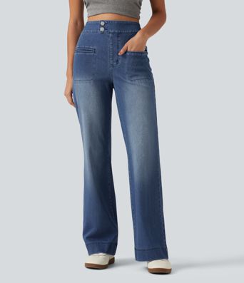 Halara Flex™ High Waisted Stretchy Knit Straight Leg Casual Jeans with Pockets