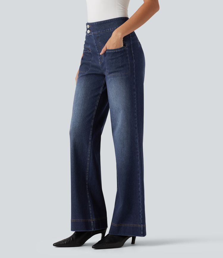 Halara Flex™ High Waisted Stretchy Knit Straight Leg Casual Jeans with Pockets Halara Flex™ High Waisted Stretchy Knit Straight Leg Casual Jeans with Pockets