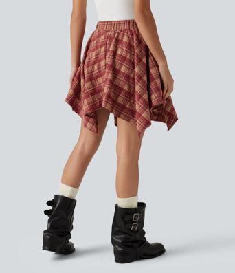 High Waisted Tie Front 2-in-1 Plaid Mini Casual Skirt with Pockets