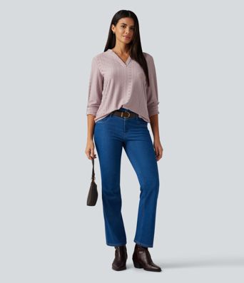 V Neck Long Sleeve Eyelet Casual Top