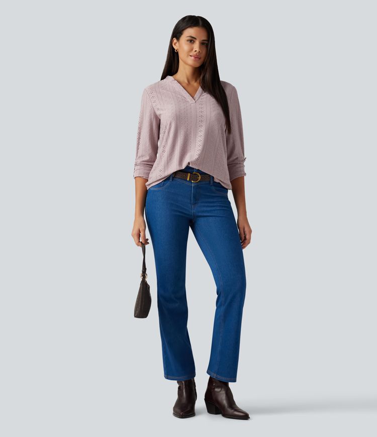 V Neck Long Sleeve Eyelet Casual Top