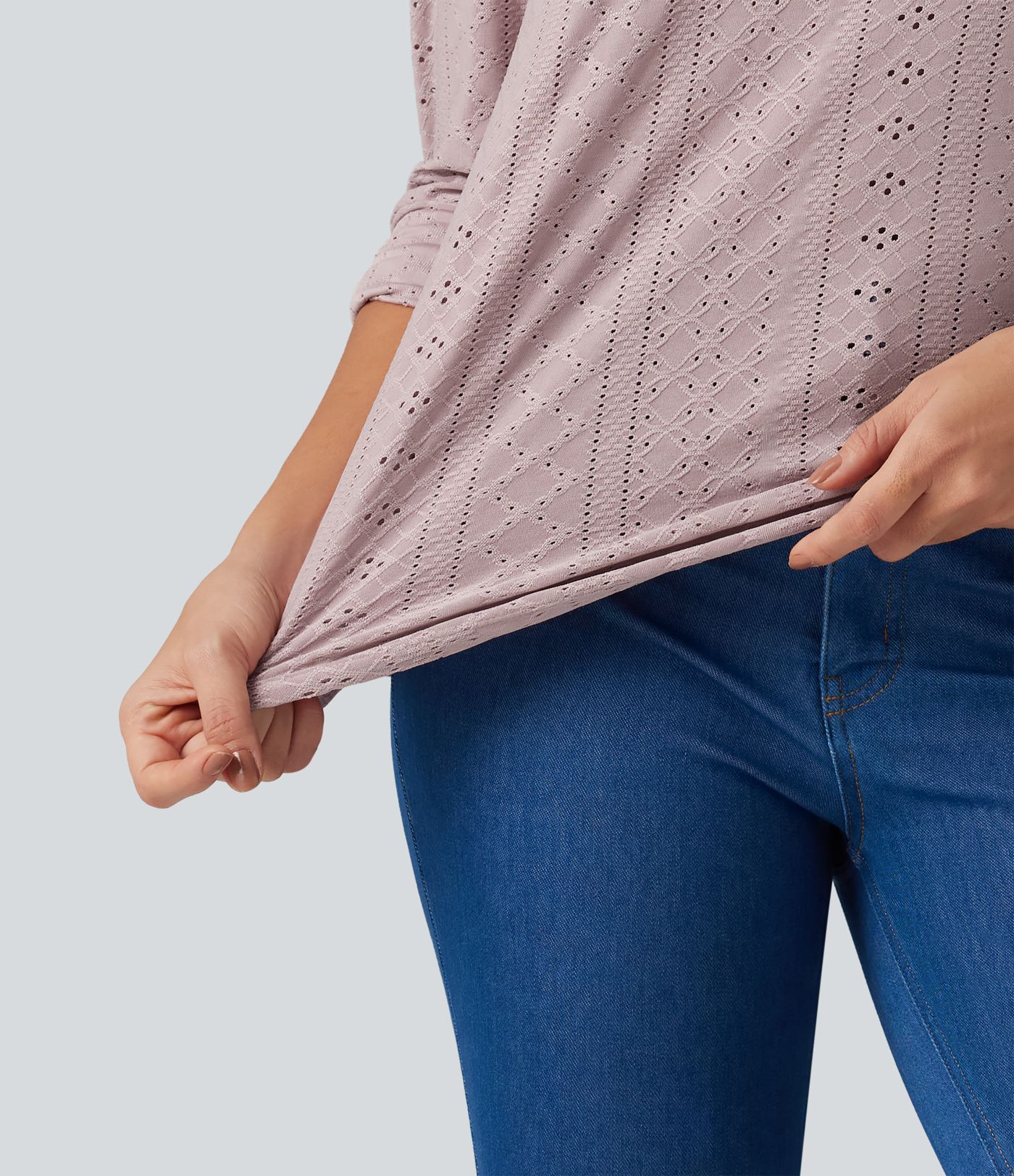 V Neck Long Sleeve Eyelet Casual Top