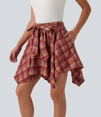 High Waisted Tie Front 2-in-1 Plaid Mini Casual Skirt with Pockets