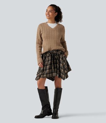 High Waisted Tie Front 2-in-1 Plaid Mini Casual Skirt with Pockets High Waisted Tie Front 2-in-1 Plaid Mini Casual Skirt with Pockets