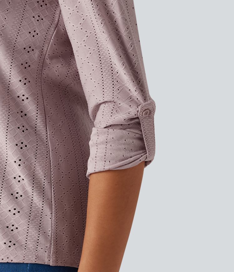 V Neck Long Sleeve Eyelet Casual Top