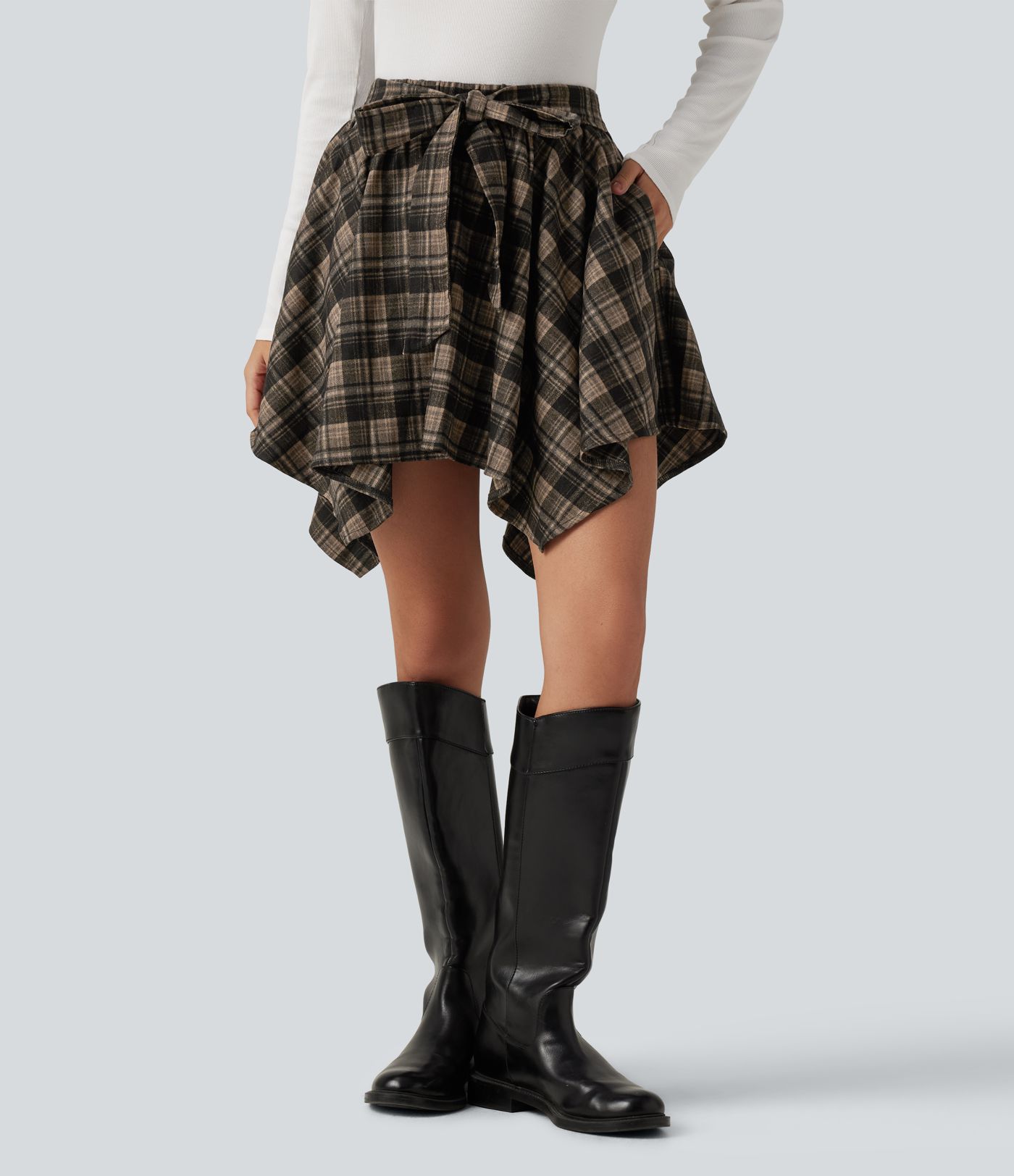 High Waisted Tie Front 2-in-1 Plaid Mini Casual Skirt with Pockets High Waisted Tie Front 2-in-1 Plaid Mini Casual Skirt with Pockets