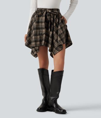 High Waisted Tie Front 2-in-1 Plaid Mini Casual Skirt with Pockets High Waisted Tie Front 2-in-1 Plaid Mini Casual Skirt with Pockets
