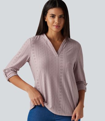 V Neck Long Sleeve Eyelet Casual Top