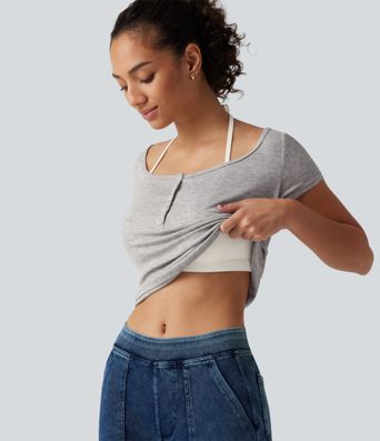 Ribbbed Halter Henley Neck Short Sleeve Built-in Bra Tie Back Casual T-Shirt 