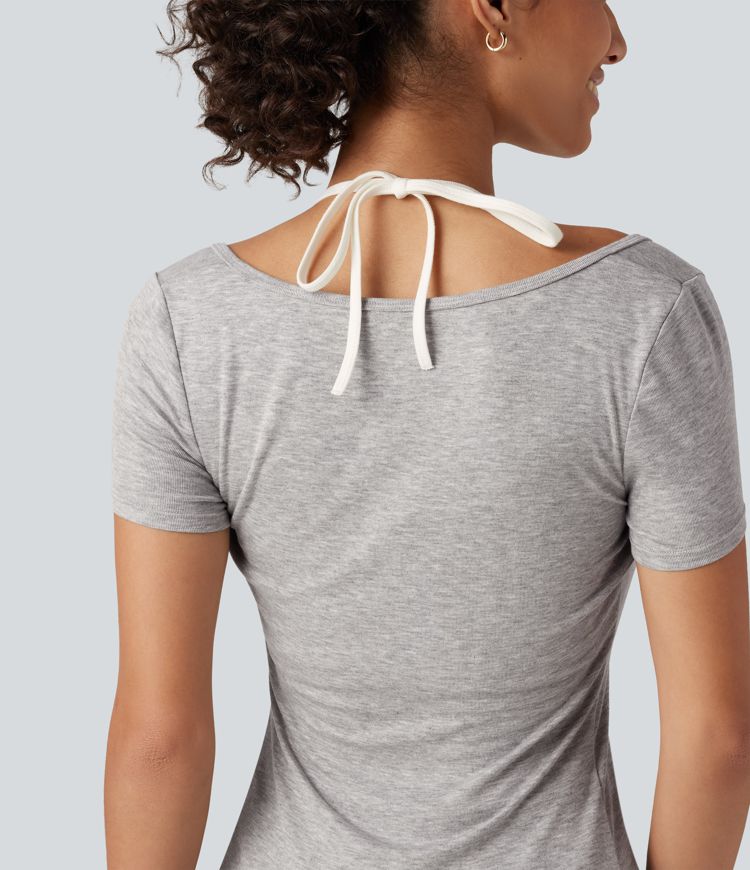 Ribbbed Halter Henley Neck Short Sleeve Built-in Bra Tie Back Casual T-Shirt 