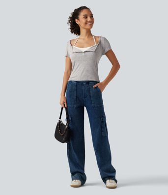 Ribbbed Halter Henley Neck Short Sleeve Built-in Bra Tie Back Casual T-Shirt 