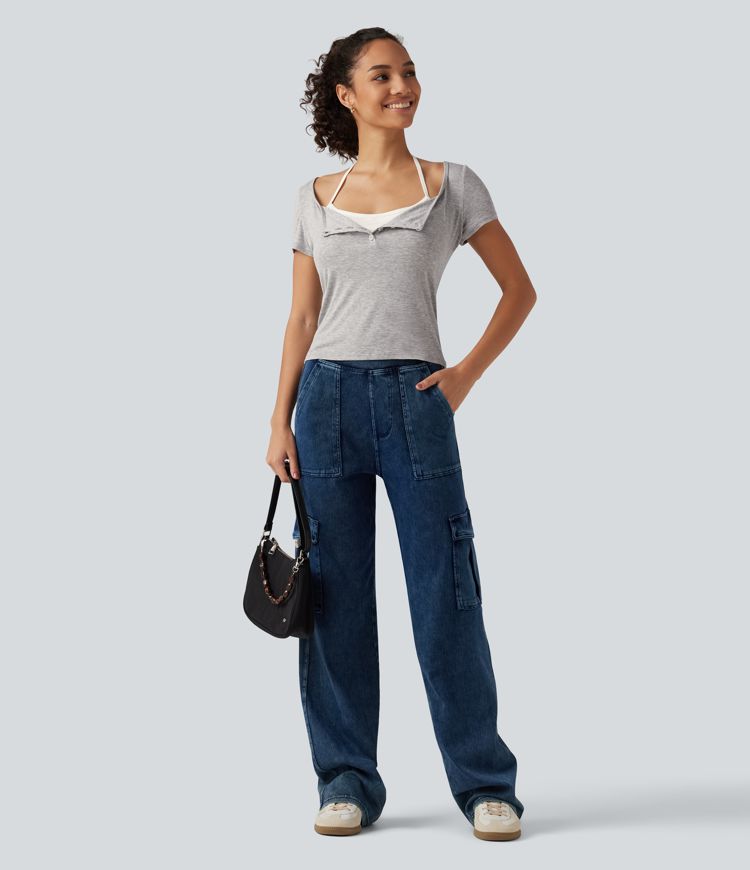 Ribbbed Halter Henley Neck Short Sleeve Built-in Bra Tie Back Casual T-Shirt 