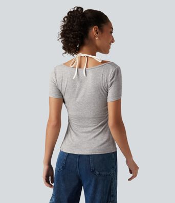 Ribbbed Halter Henley Neck Short Sleeve Built-in Bra Tie Back Casual T-Shirt 