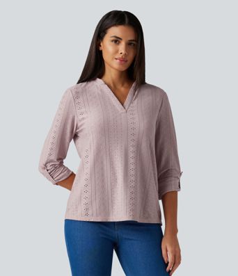 V Neck Long Sleeve Eyelet Casual Top