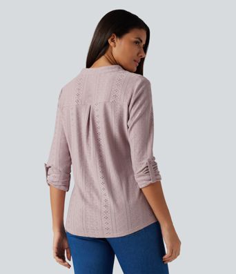 V Neck Long Sleeve Eyelet Casual Top