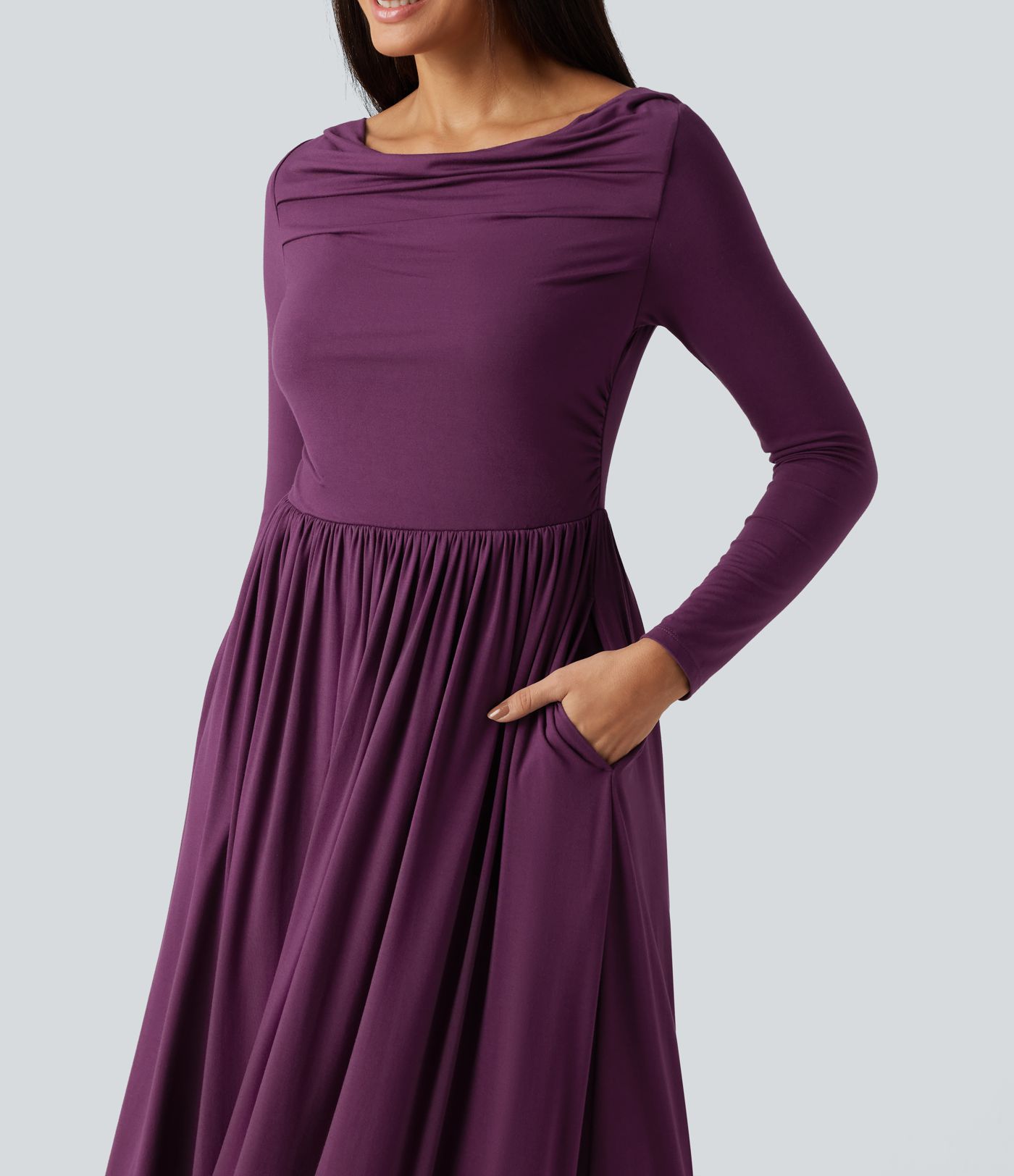 Off Shoulder Long Sleeve Midi Party Dress with Pockets