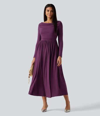 Off Shoulder Long Sleeve Midi Party Dress with Pockets