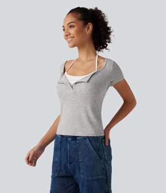 Ribbbed Halter Henley Neck Short Sleeve Built-in Bra Tie Back Casual T-Shirt 