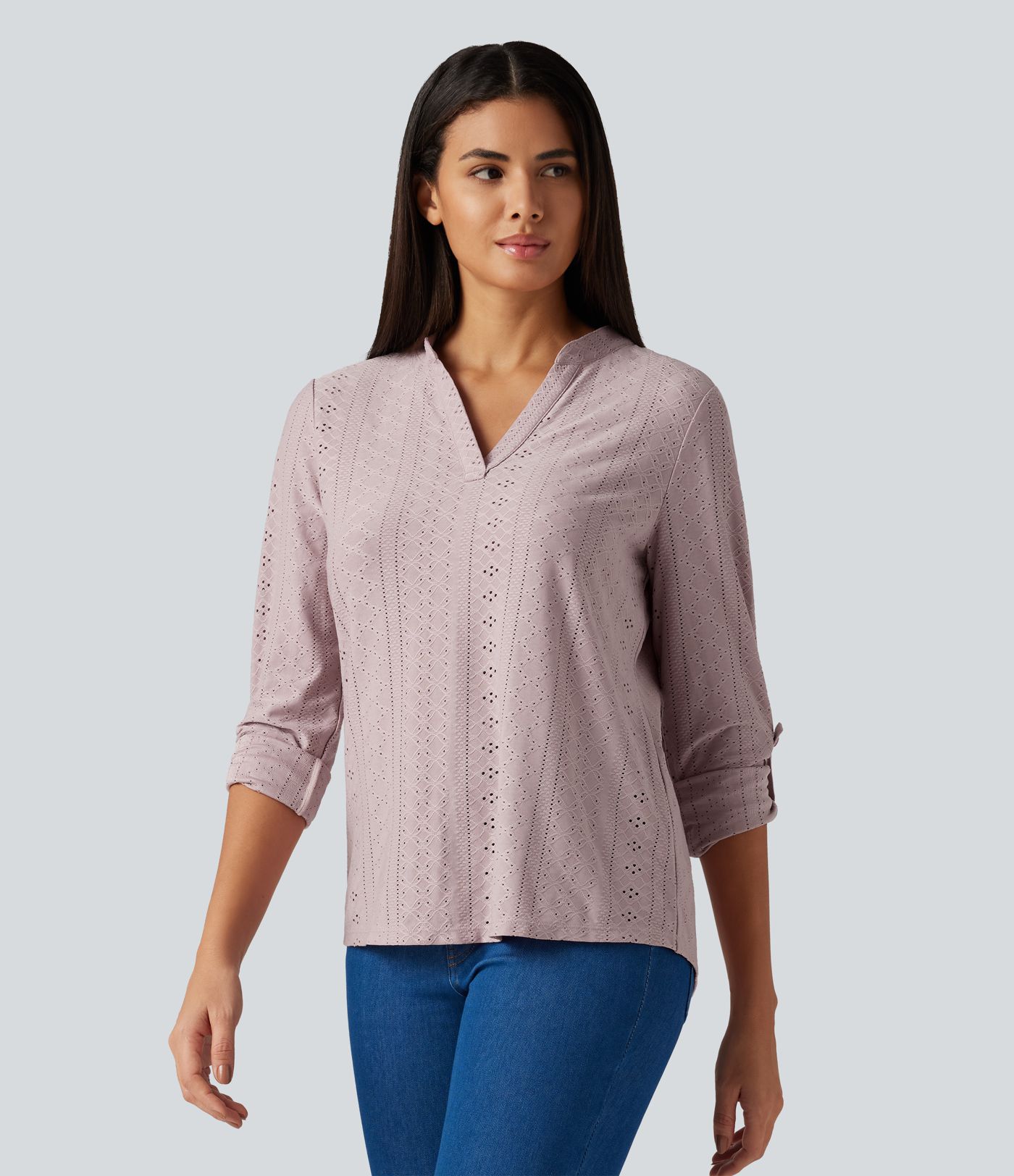 V Neck Long Sleeve Eyelet Casual Top