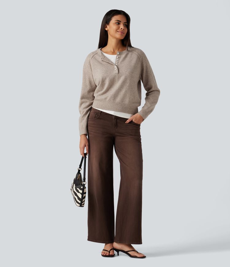 Lässiger Pullover mit Henley-Ausschnitt und langen Ärmeln