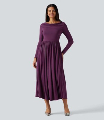 Off Shoulder Long Sleeve Midi Party Dress with Pockets