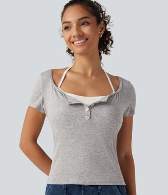 Ribbbed Halter Henley Neck Short Sleeve Built-in Bra Tie Back Casual T-Shirt 